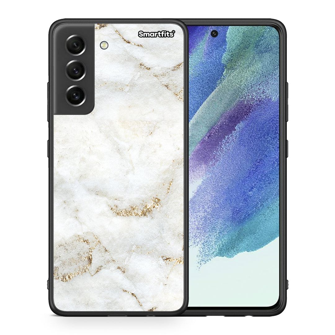 Θήκη Samsung S21 FE White Gold Marble από τη Smartfits με σχέδιο στο πίσω μέρος και μαύρο περίβλημα | Samsung S21 FE White Gold Marble case with colorful back and black bezels