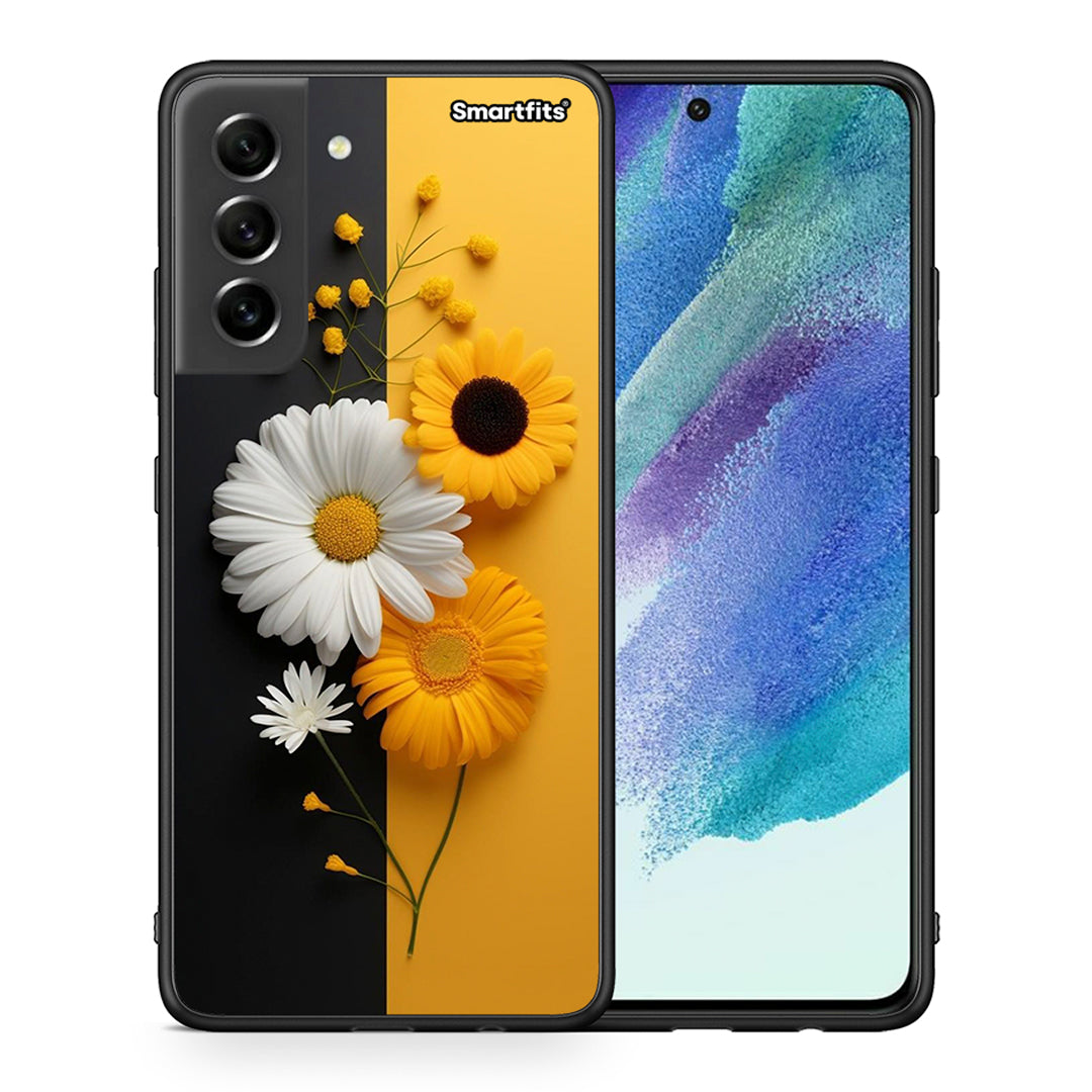 Θήκη Samsung S21 FE Yellow Daisies από τη Smartfits με σχέδιο στο πίσω μέρος και μαύρο περίβλημα | Samsung S21 FE Yellow Daisies case with colorful back and black bezels