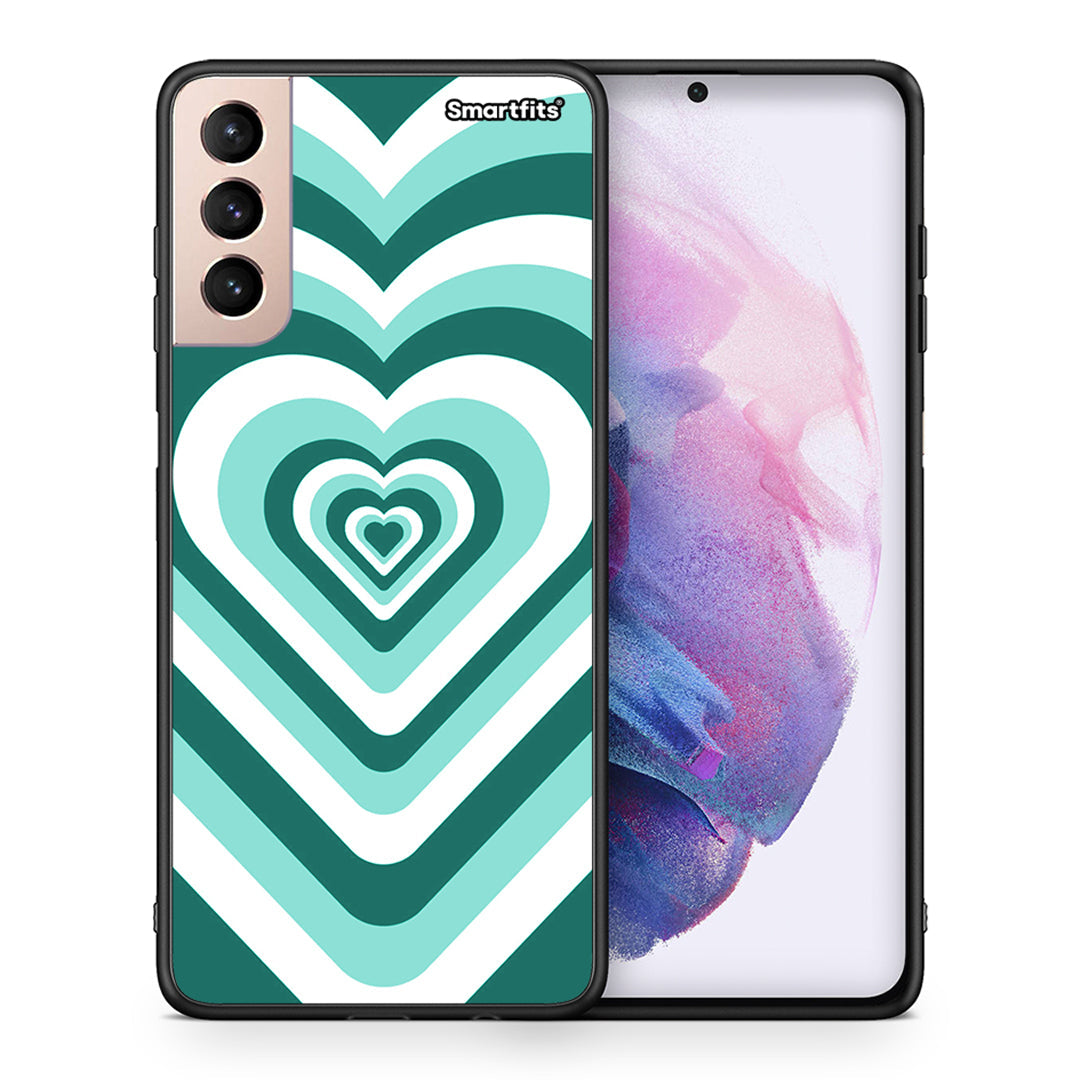 Θήκη Samsung S21+ Green Hearts από τη Smartfits με σχέδιο στο πίσω μέρος και μαύρο περίβλημα | Samsung S21+ Green Hearts case with colorful back and black bezels