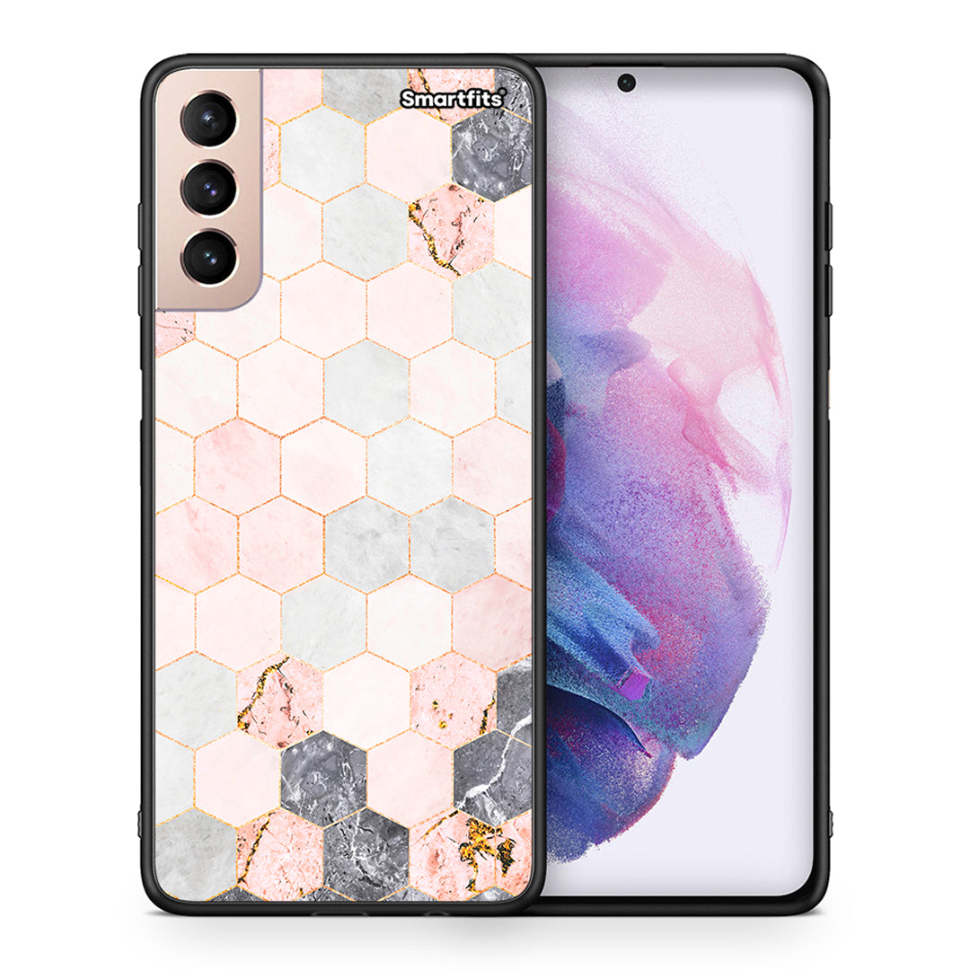 Θήκη Samsung S21+ Hexagon Pink Marble από τη Smartfits με σχέδιο στο πίσω μέρος και μαύρο περίβλημα | Samsung S21+ Hexagon Pink Marble case with colorful back and black bezels