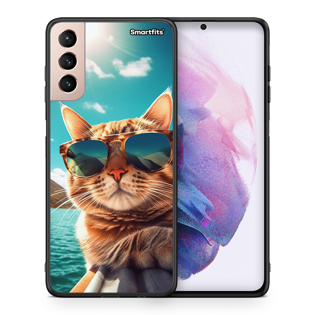 Θήκη Samsung S21+ Summer Cat από τη Smartfits με σχέδιο στο πίσω μέρος και μαύρο περίβλημα | Samsung S21+ Summer Cat case with colorful back and black bezels