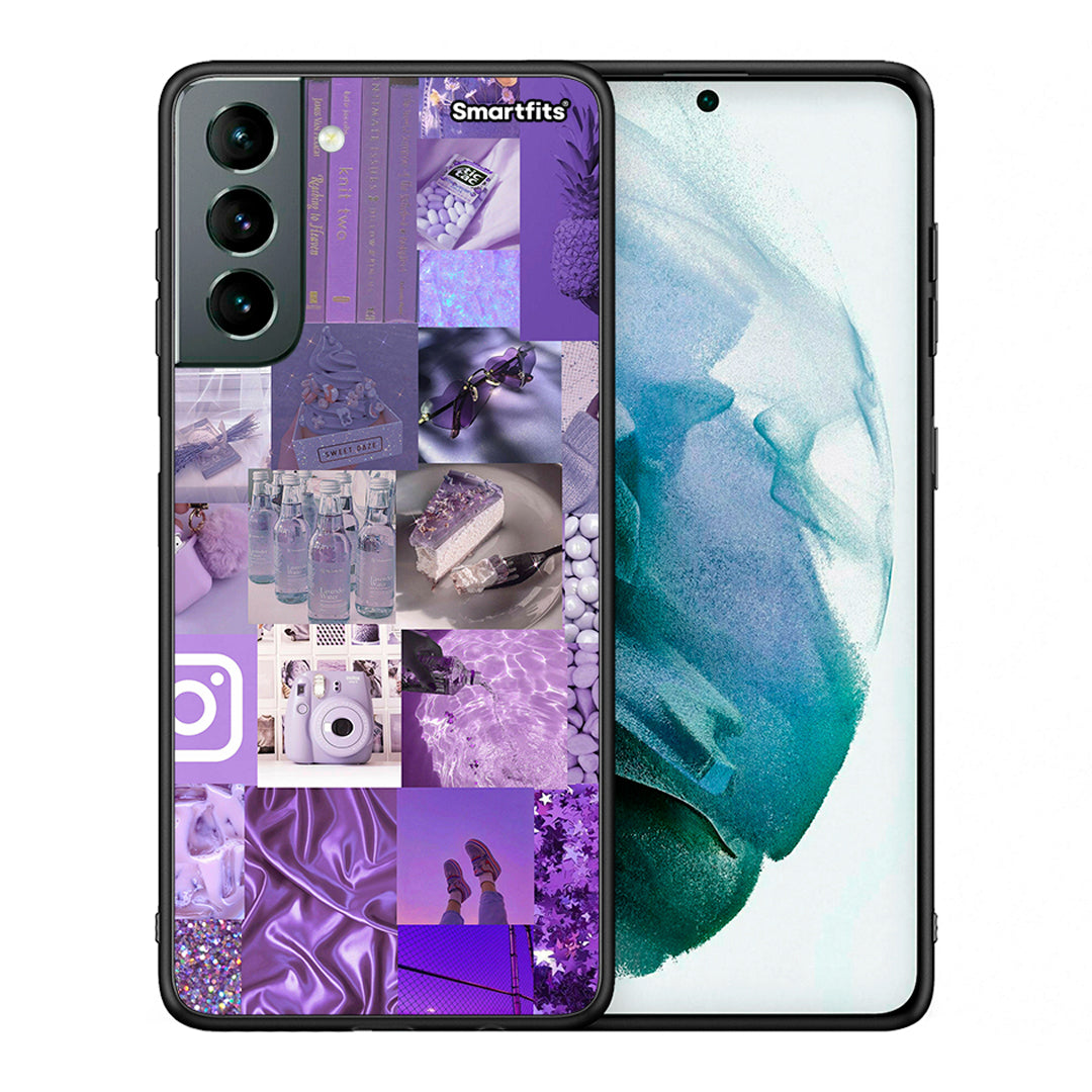 Θήκη Samsung S21 Purple Aesthetic Collage από τη Smartfits με σχέδιο στο πίσω μέρος και μαύρο περίβλημα | Samsung S21 Purple Aesthetic Collage case with colorful back and black bezels