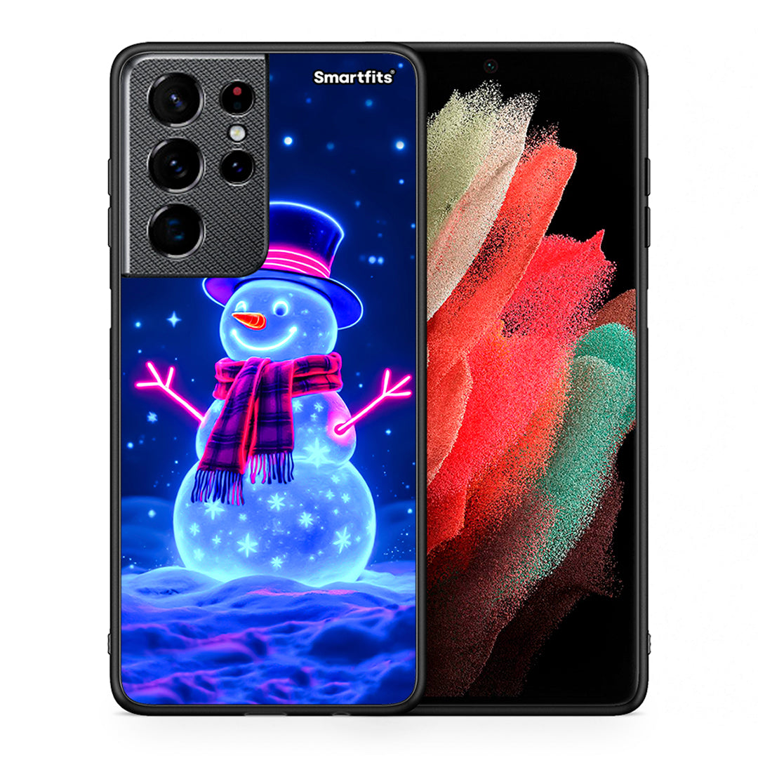 Θήκη Samsung S21 Ultra Christmas Neon Snowman από τη Smartfits με σχέδιο στο πίσω μέρος και μαύρο περίβλημα | Samsung S21 Ultra Christmas Neon Snowman case with colorful back and black bezels