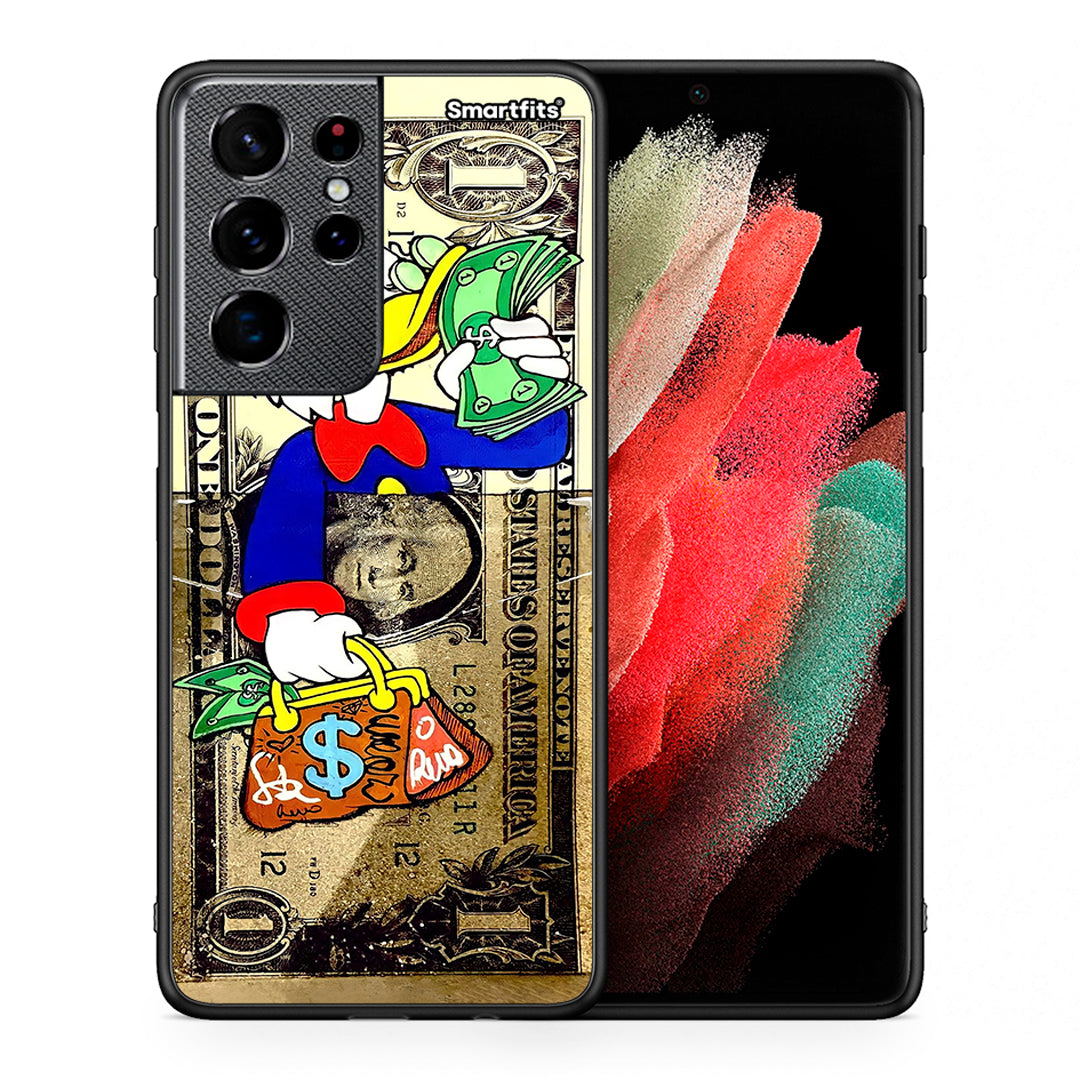 Θήκη Samsung S21 Ultra Duck Money από τη Smartfits με σχέδιο στο πίσω μέρος και μαύρο περίβλημα | Samsung S21 Ultra Duck Money case with colorful back and black bezels