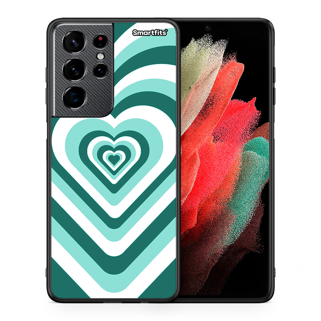 Θήκη Samsung S21 Ultra Green Hearts από τη Smartfits με σχέδιο στο πίσω μέρος και μαύρο περίβλημα | Samsung S21 Ultra Green Hearts case with colorful back and black bezels