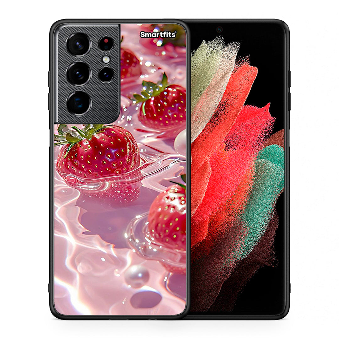 Θήκη Samsung S21 Ultra Juicy Strawberries από τη Smartfits με σχέδιο στο πίσω μέρος και μαύρο περίβλημα | Samsung S21 Ultra Juicy Strawberries case with colorful back and black bezels