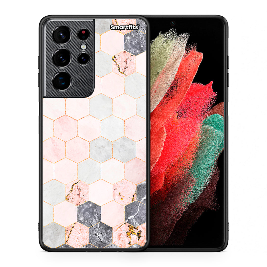 Θήκη Samsung S21 Ultra Hexagon Pink Marble από τη Smartfits με σχέδιο στο πίσω μέρος και μαύρο περίβλημα | Samsung S21 Ultra Hexagon Pink Marble case with colorful back and black bezels