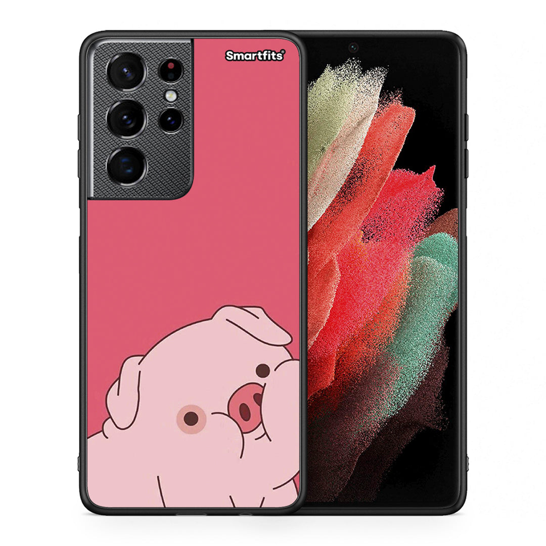 Θήκη Αγίου Βαλεντίνου Samsung S21 Ultra Pig Love 1 από τη Smartfits με σχέδιο στο πίσω μέρος και μαύρο περίβλημα | Samsung S21 Ultra Pig Love 1 case with colorful back and black bezels