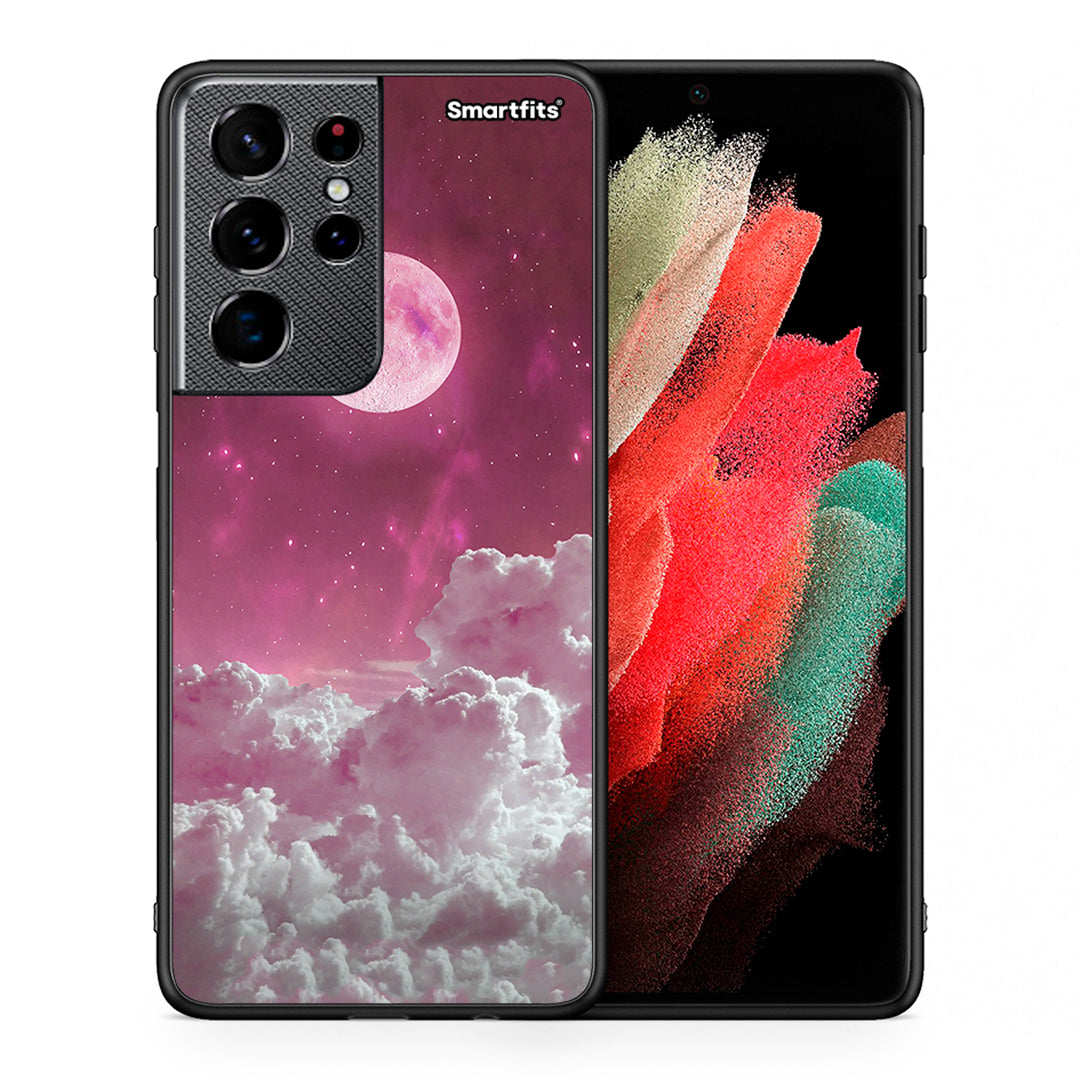 Θήκη Samsung S21 Ultra Pink Moon από τη Smartfits με σχέδιο στο πίσω μέρος και μαύρο περίβλημα | Samsung S21 Ultra Pink Moon case with colorful back and black bezels