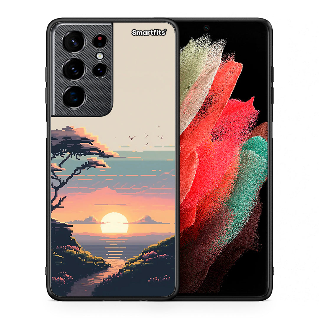 Θήκη Samsung S21 Ultra Pixel Sunset από τη Smartfits με σχέδιο στο πίσω μέρος και μαύρο περίβλημα | Samsung S21 Ultra Pixel Sunset case with colorful back and black bezels