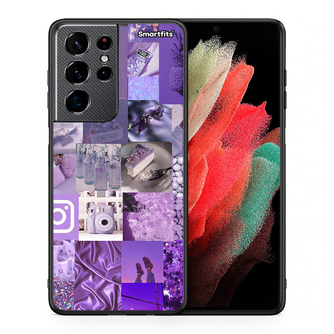 Θήκη Samsung S21 Ultra Purple Aesthetic Collage από τη Smartfits με σχέδιο στο πίσω μέρος και μαύρο περίβλημα | Samsung S21 Ultra Purple Aesthetic Collage case with colorful back and black bezels