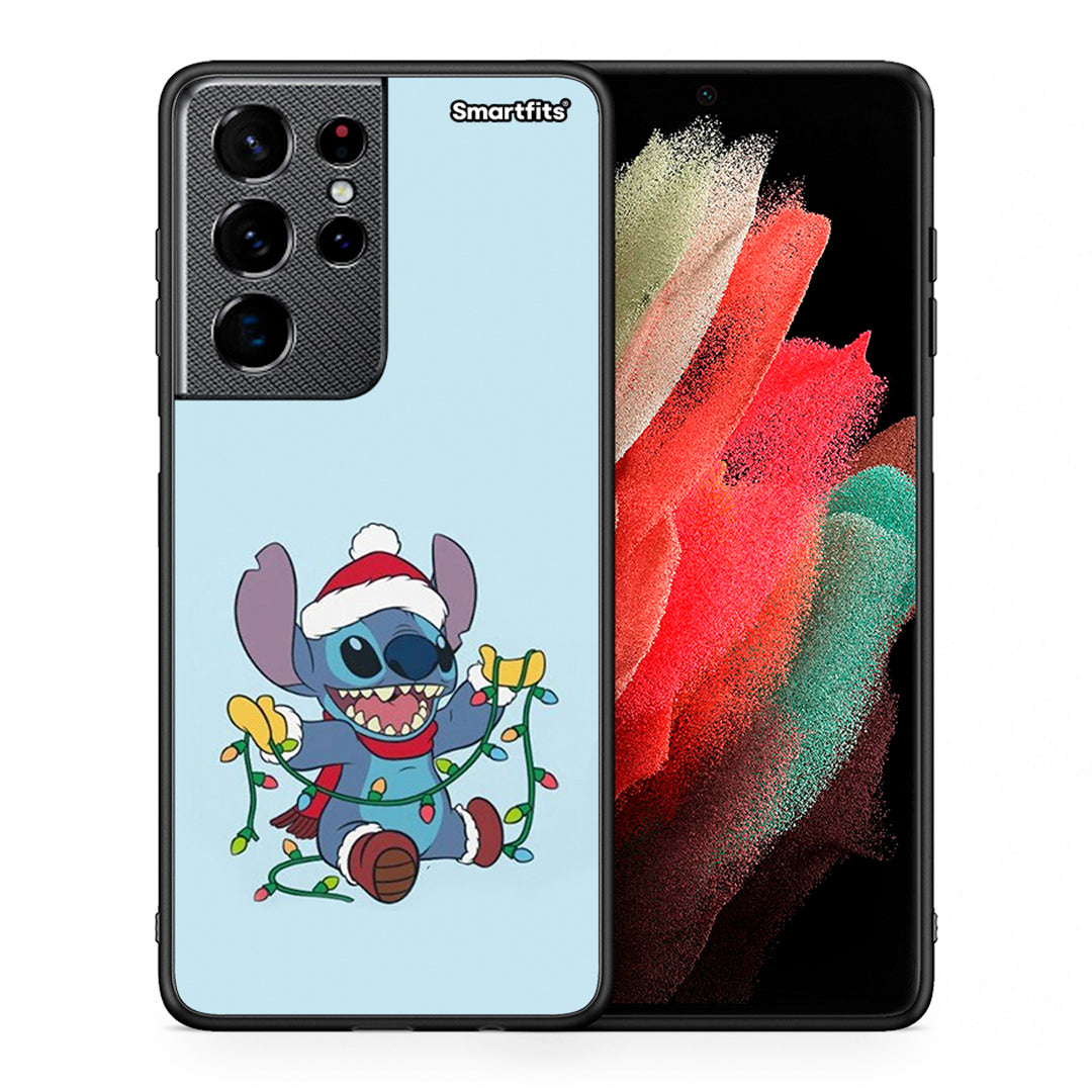 Θήκη Samsung S21 Ultra Santa Stich από τη Smartfits με σχέδιο στο πίσω μέρος και μαύρο περίβλημα | Samsung S21 Ultra Santa Stich case with colorful back and black bezels