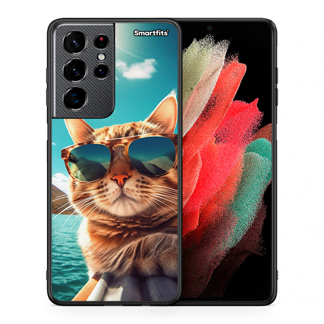 Θήκη Samsung S21 Ultra Summer Cat από τη Smartfits με σχέδιο στο πίσω μέρος και μαύρο περίβλημα | Samsung S21 Ultra Summer Cat case with colorful back and black bezels