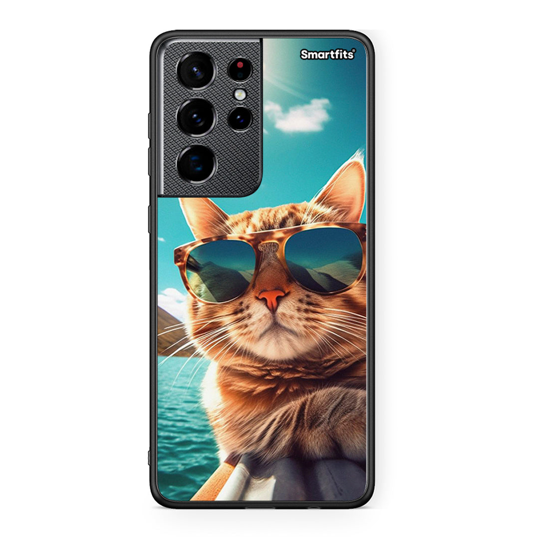 Samsung S21 Ultra Summer Cat θήκη από τη Smartfits με σχέδιο στο πίσω μέρος και μαύρο περίβλημα | Smartphone case with colorful back and black bezels by Smartfits