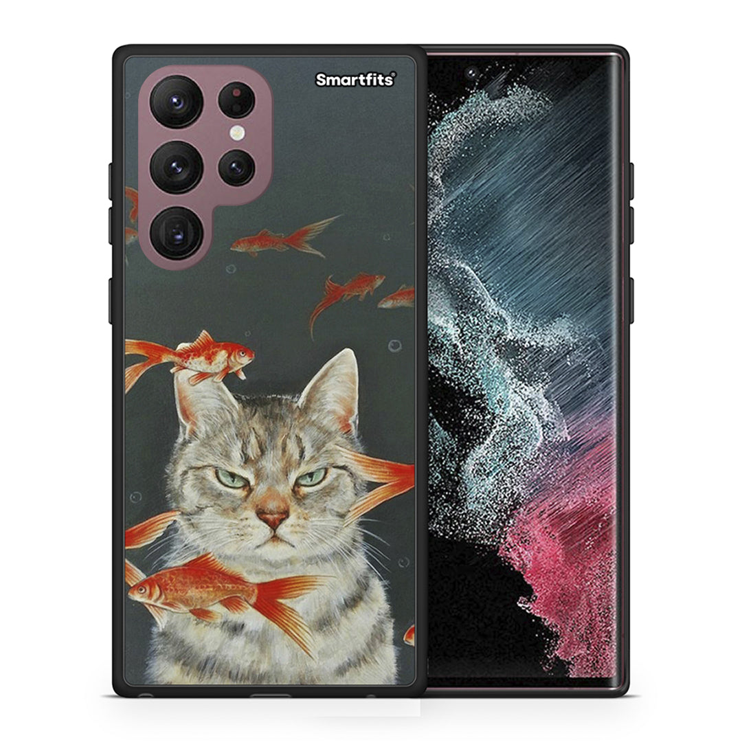 Θήκη Samsung S22 Ultra Cat Goldfish από τη Smartfits με σχέδιο στο πίσω μέρος και μαύρο περίβλημα | Samsung S22 Ultra Cat Goldfish case with colorful back and black bezels