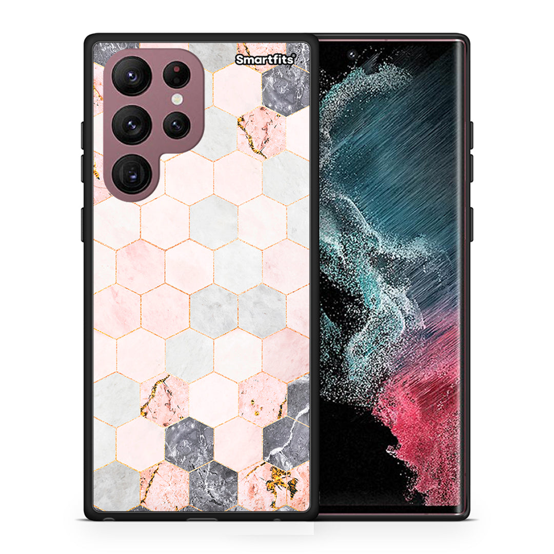 Θήκη Samsung S22 Ultra Hexagon Pink Marble από τη Smartfits με σχέδιο στο πίσω μέρος και μαύρο περίβλημα | Samsung S22 Ultra Hexagon Pink Marble case with colorful back and black bezels