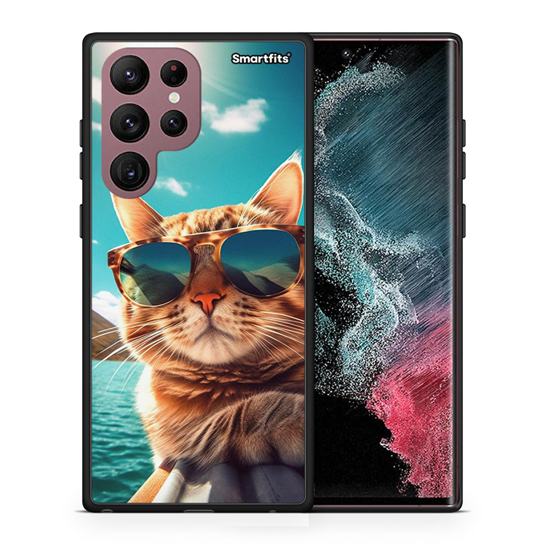 Θήκη Samsung S22 Ultra Summer Cat από τη Smartfits με σχέδιο στο πίσω μέρος και μαύρο περίβλημα | Samsung S22 Ultra Summer Cat case with colorful back and black bezels