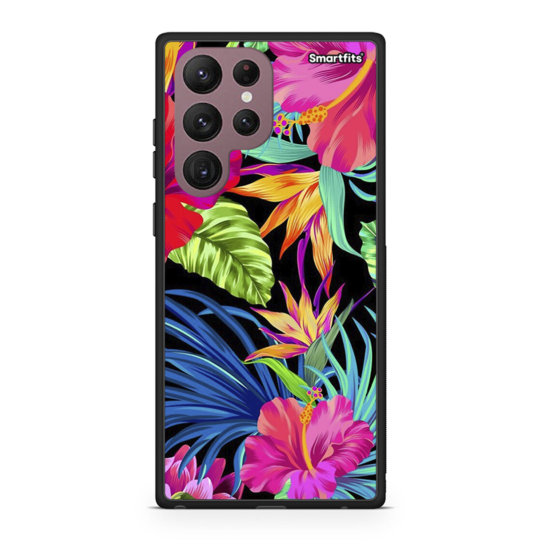 Samsung S22 Ultra Tropical Flowers θήκη από τη Smartfits με σχέδιο στο πίσω μέρος και μαύρο περίβλημα | Smartphone case with colorful back and black bezels by Smartfits