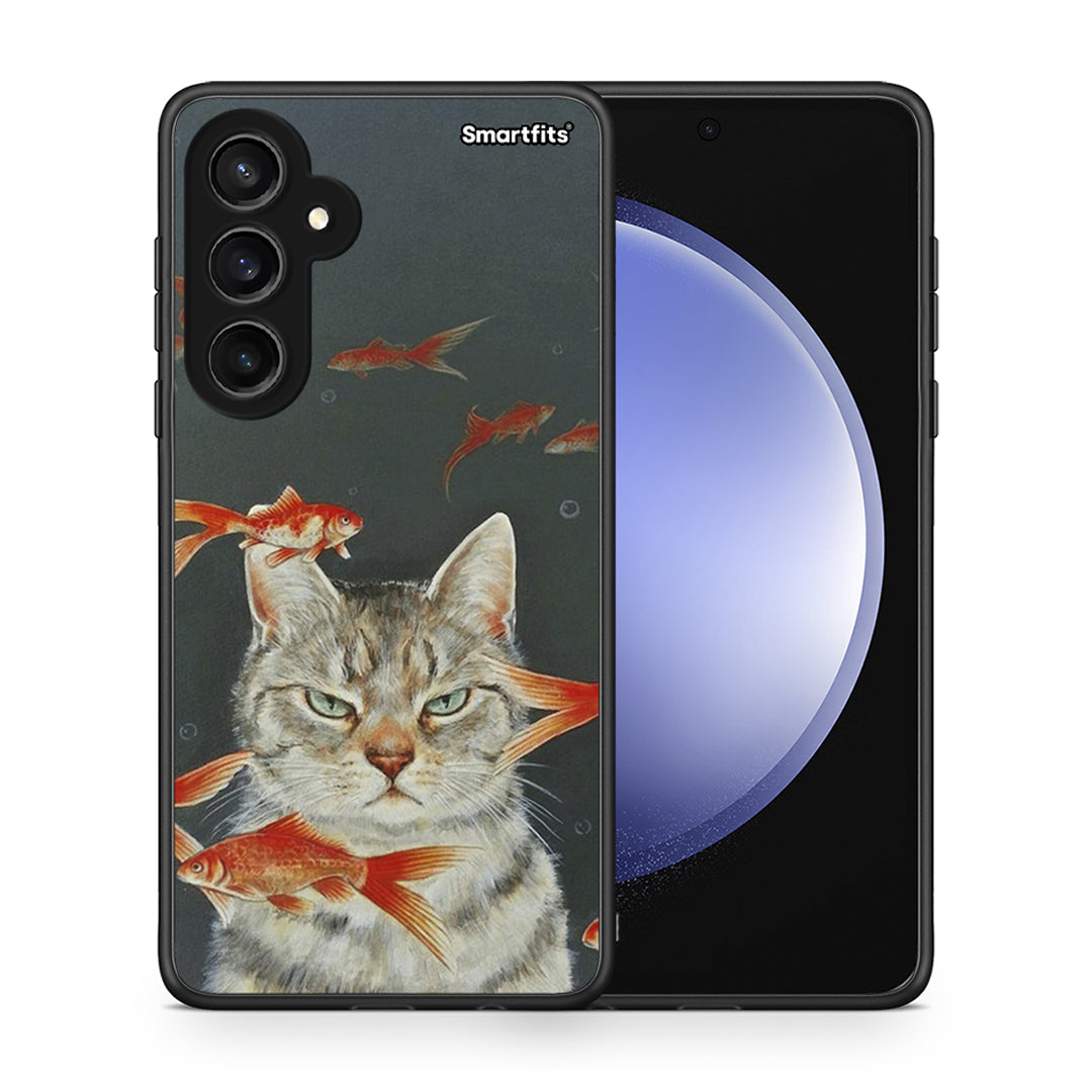 Θήκη Samsung Galaxy S23 FE Cat Goldfish από τη Smartfits με σχέδιο στο πίσω μέρος και μαύρο περίβλημα | Samsung Galaxy S23 FE Cat Goldfish case with colorful back and black bezels