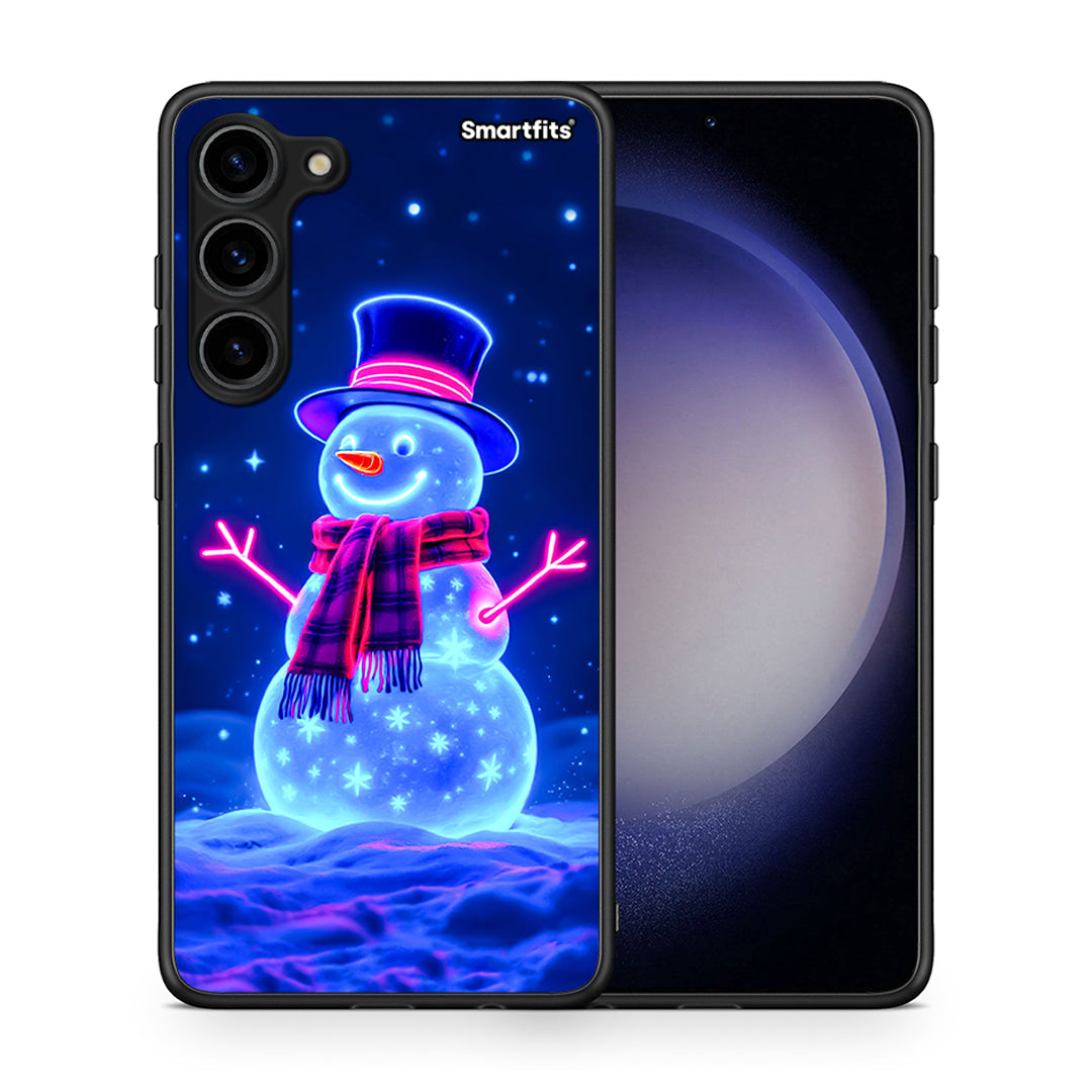 Θήκη Samsung Galaxy S23 Plus Christmas Neon Snowman από τη Smartfits με σχέδιο στο πίσω μέρος και μαύρο περίβλημα | Samsung Galaxy S23 Plus Christmas Neon Snowman Case with Colorful Back and Black Bezels