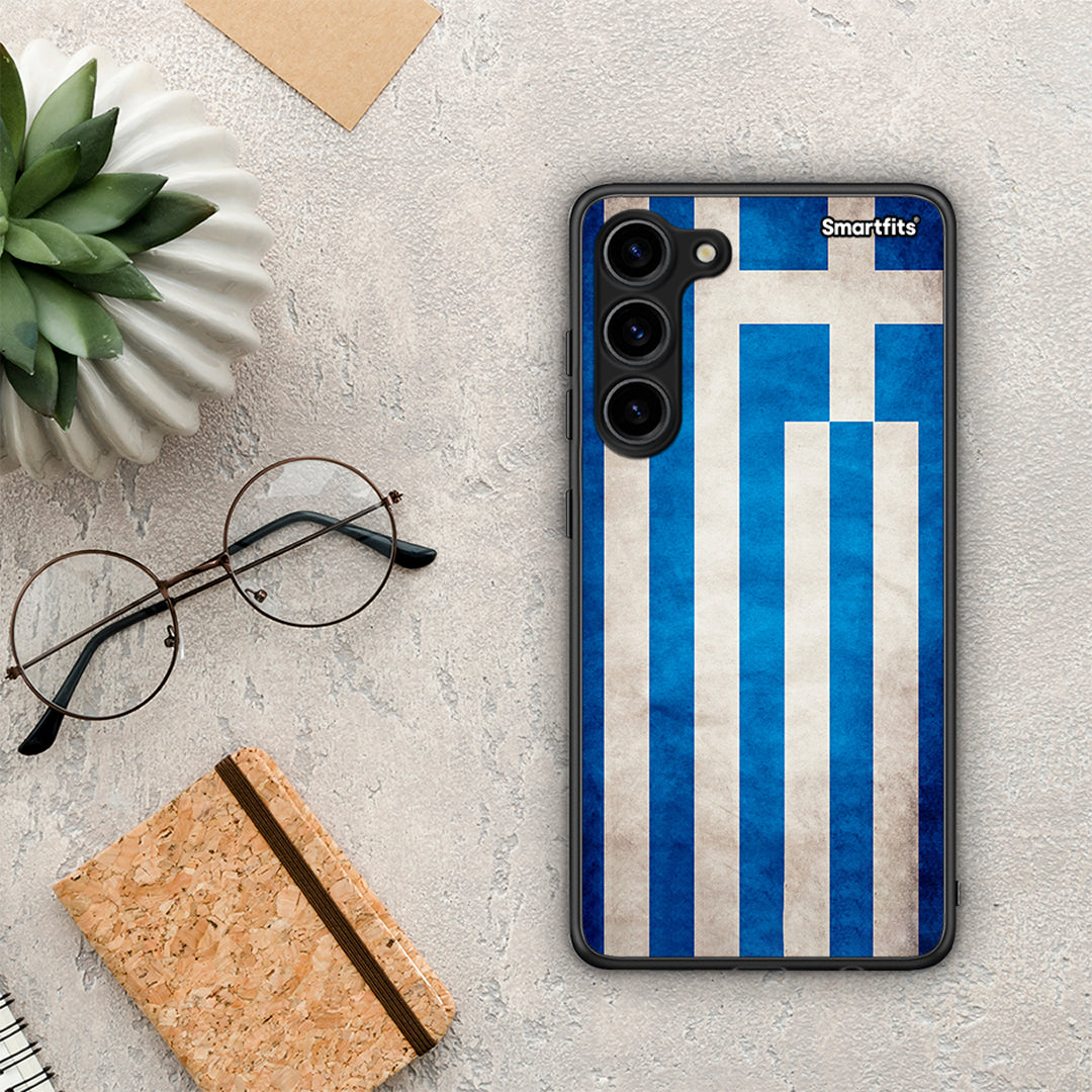 Θήκη Samsung Galaxy S23 Plus Flag Greek από τη Smartfits με σχέδιο στο πίσω μέρος και μαύρο περίβλημα | Samsung Galaxy S23 Plus Flag Greek Case with Colorful Back and Black Bezels