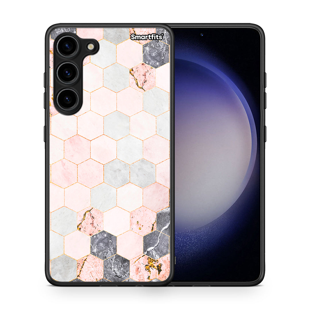 Θήκη Samsung Galaxy S23 Plus Marble Hexagon Pink από τη Smartfits με σχέδιο στο πίσω μέρος και μαύρο περίβλημα | Samsung Galaxy S23 Plus Marble Hexagon Pink Case with Colorful Back and Black Bezels