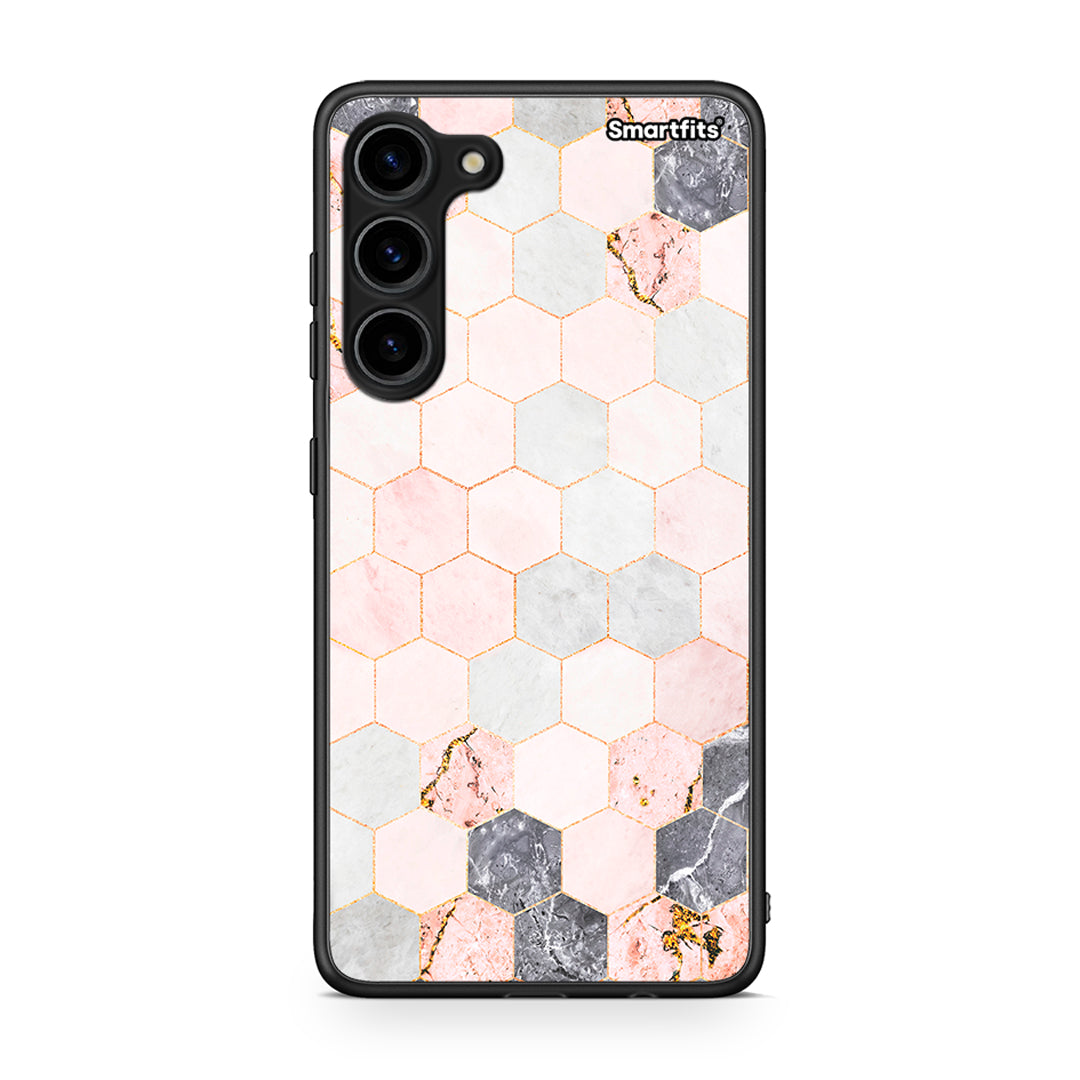 Θήκη Samsung Galaxy S23 Plus Marble Hexagon Pink από τη Smartfits με σχέδιο στο πίσω μέρος και μαύρο περίβλημα | Samsung Galaxy S23 Plus Marble Hexagon Pink Case with Colorful Back and Black Bezels