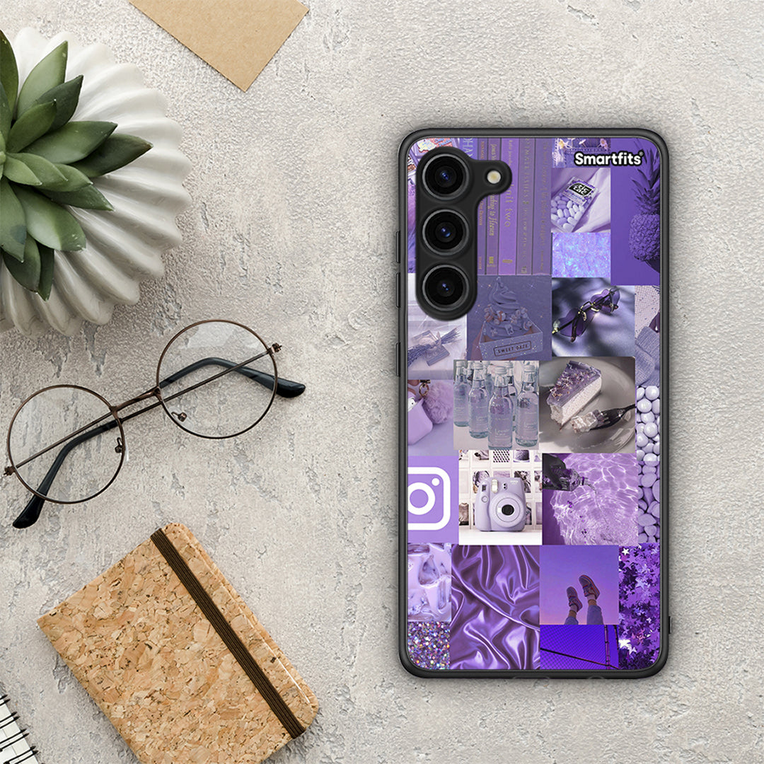 Θήκη Samsung Galaxy S23 Plus Purple Aesthetic Collage από τη Smartfits με σχέδιο στο πίσω μέρος και μαύρο περίβλημα | Samsung Galaxy S23 Plus Purple Aesthetic Collage Case with Colorful Back and Black Bezels