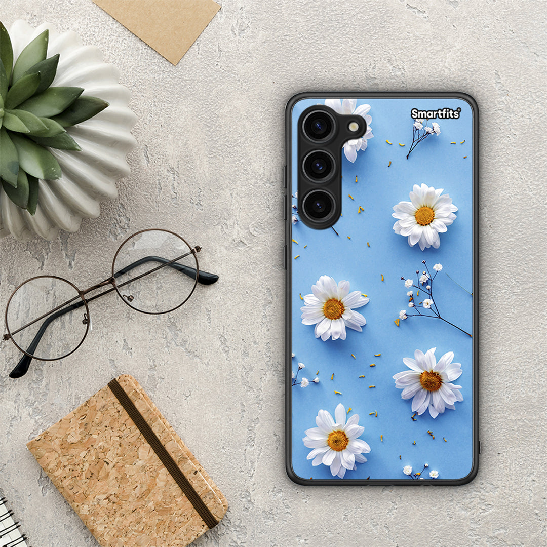 Θήκη Samsung Galaxy S23 Plus Real Daisies από τη Smartfits με σχέδιο στο πίσω μέρος και μαύρο περίβλημα | Samsung Galaxy S23 Plus Real Daisies Case with Colorful Back and Black Bezels