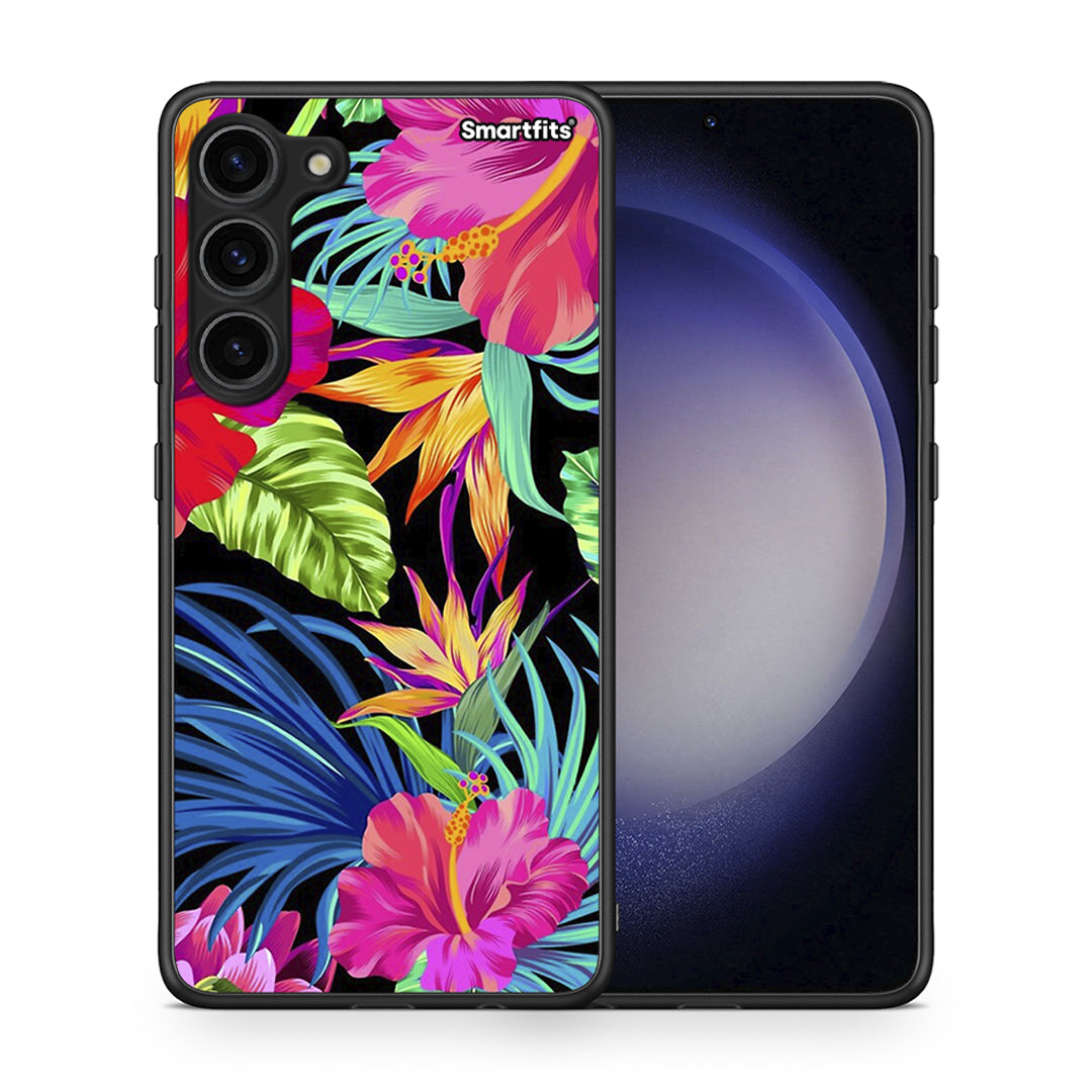 Θήκη Samsung Galaxy S23 Plus Tropical Flowers από τη Smartfits με σχέδιο στο πίσω μέρος και μαύρο περίβλημα | Samsung Galaxy S23 Plus Tropical Flowers Case with Colorful Back and Black Bezels