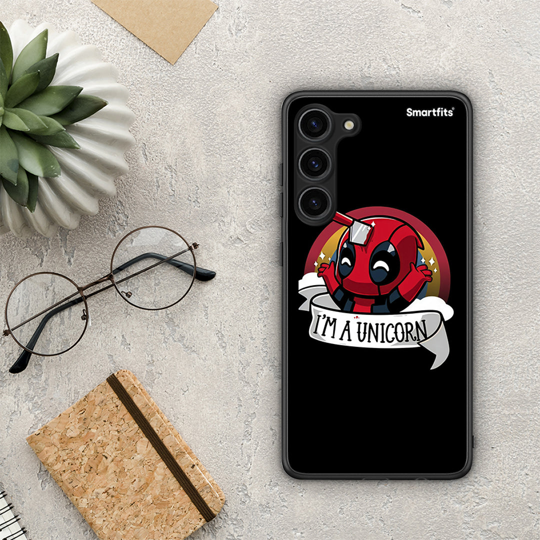 Θήκη Samsung Galaxy S23 Plus Unicorn Deadpool από τη Smartfits με σχέδιο στο πίσω μέρος και μαύρο περίβλημα | Samsung Galaxy S23 Plus Unicorn Deadpool Case with Colorful Back and Black Bezels