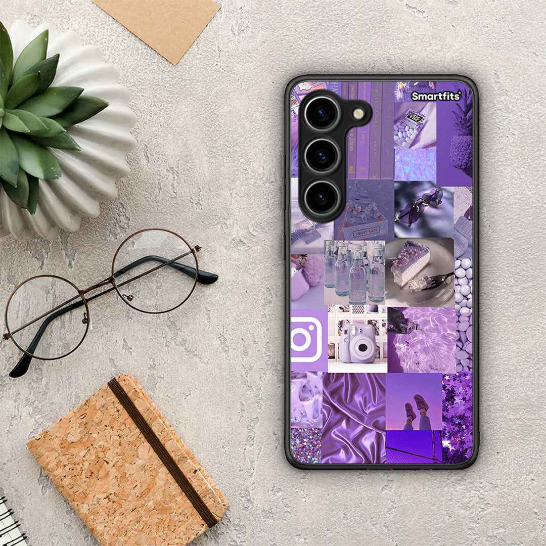 Θήκη Samsung Galaxy S23 Purple Aesthetic Collage από τη Smartfits με σχέδιο στο πίσω μέρος και μαύρο περίβλημα | Samsung Galaxy S23 Purple Aesthetic Collage Case with Colorful Back and Black Bezels