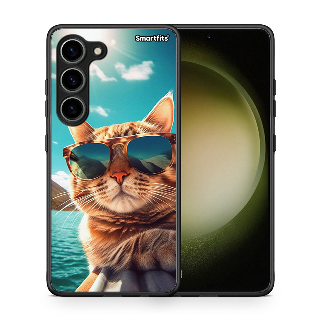 Θήκη Samsung Galaxy S23 Summer Cat από τη Smartfits με σχέδιο στο πίσω μέρος και μαύρο περίβλημα | Samsung Galaxy S23 Summer Cat Case with Colorful Back and Black Bezels