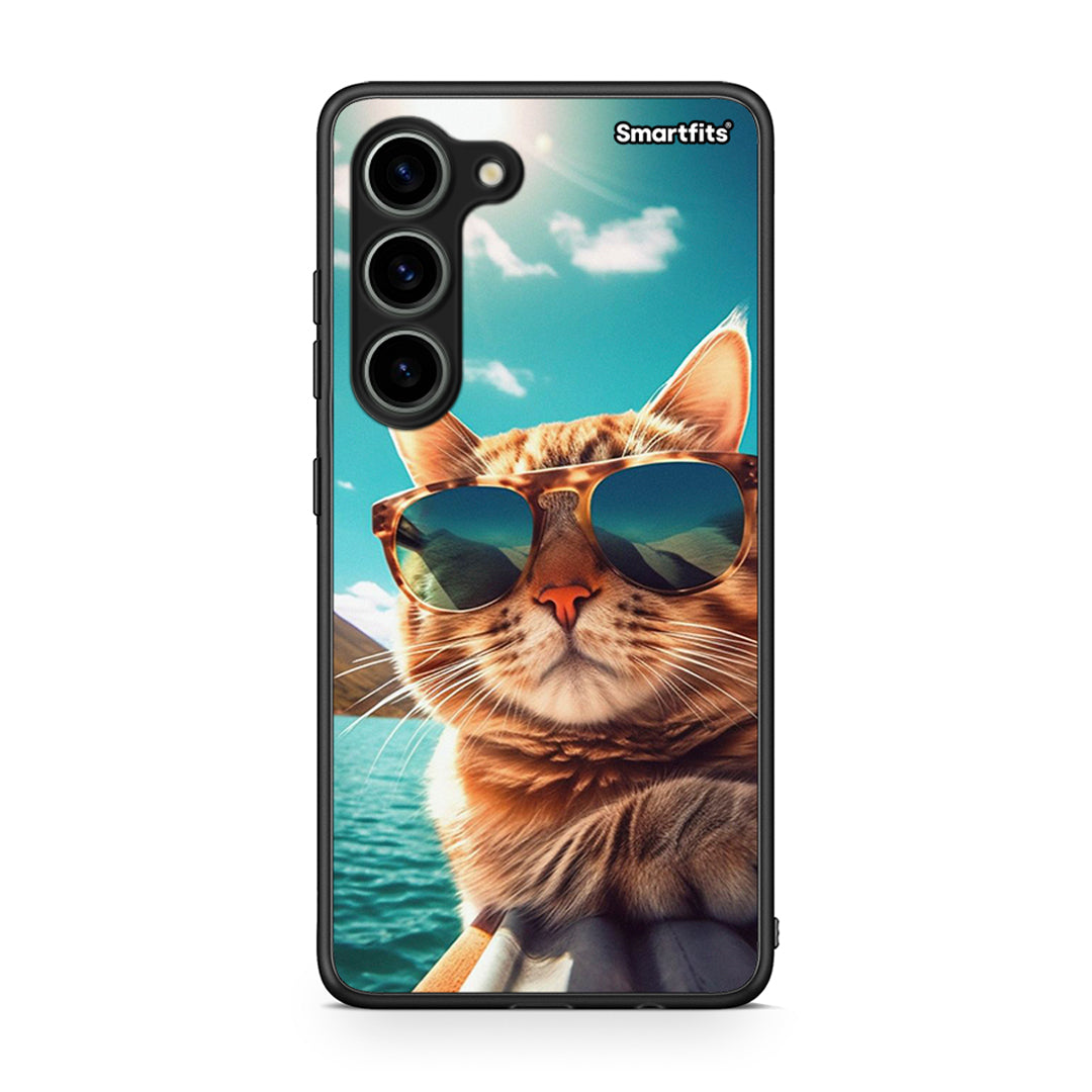 Θήκη Samsung Galaxy S23 Summer Cat από τη Smartfits με σχέδιο στο πίσω μέρος και μαύρο περίβλημα | Samsung Galaxy S23 Summer Cat Case with Colorful Back and Black Bezels