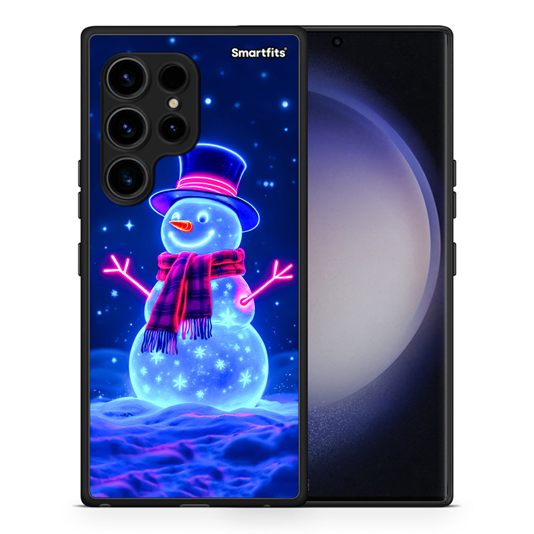 Θήκη Samsung Galaxy S23 Ultra Christmas Neon Snowman από τη Smartfits με σχέδιο στο πίσω μέρος και μαύρο περίβλημα | Samsung Galaxy S23 Ultra Christmas Neon Snowman Case with Colorful Back and Black Bezels