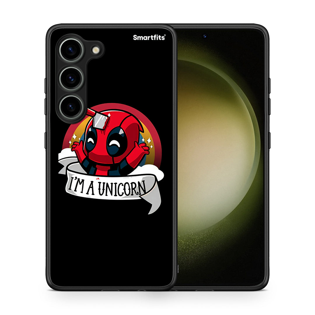 Θήκη Samsung Galaxy S23 Unicorn Deadpool από τη Smartfits με σχέδιο στο πίσω μέρος και μαύρο περίβλημα | Samsung Galaxy S23 Unicorn Deadpool Case with Colorful Back and Black Bezels