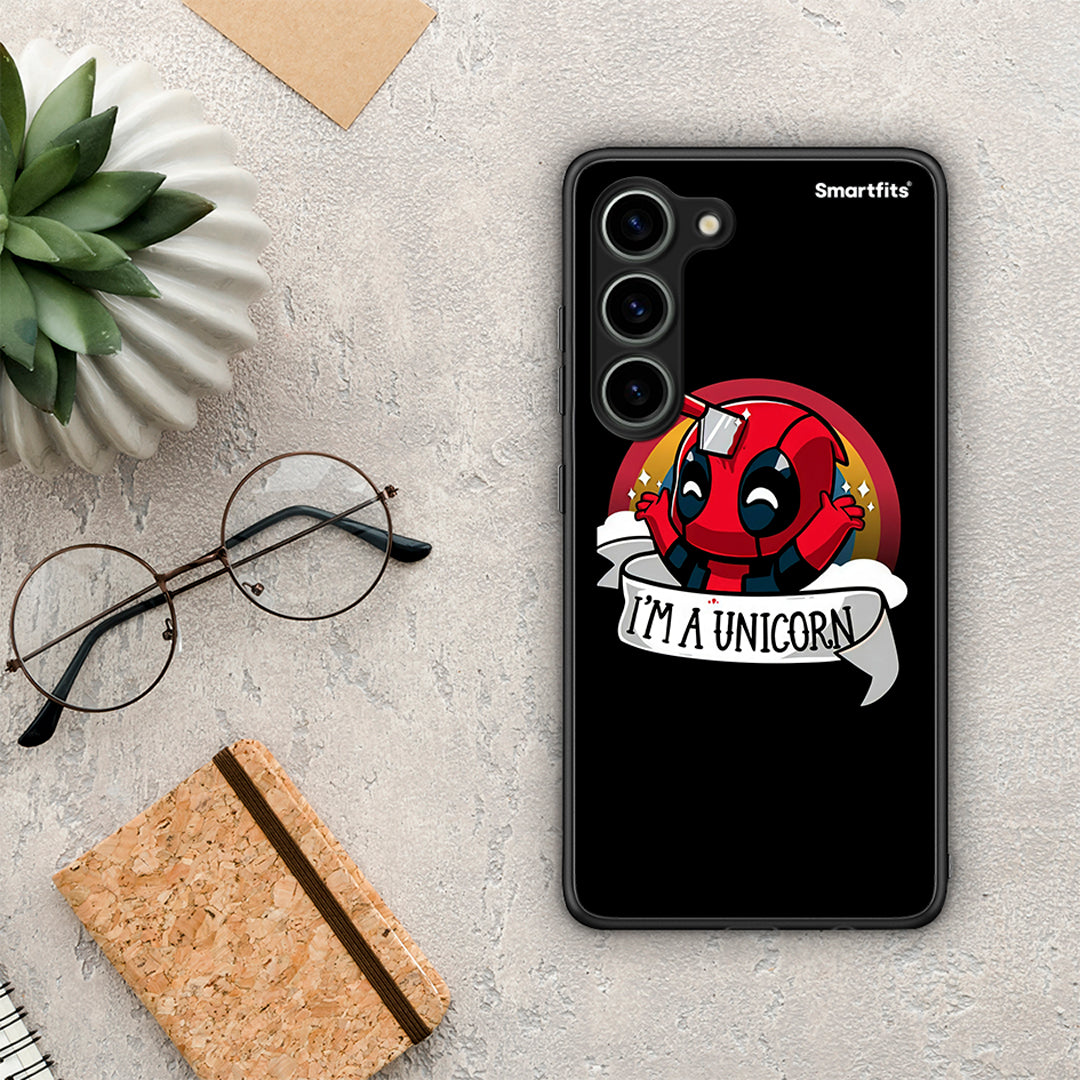 Θήκη Samsung Galaxy S23 Unicorn Deadpool από τη Smartfits με σχέδιο στο πίσω μέρος και μαύρο περίβλημα | Samsung Galaxy S23 Unicorn Deadpool Case with Colorful Back and Black Bezels