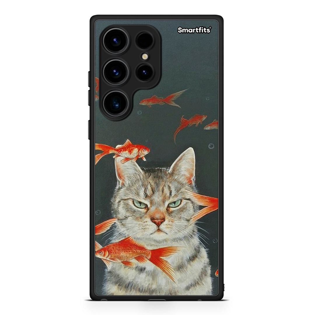 Θήκη Samsung Galaxy S24 Ultra Cat Goldfish από τη Smartfits με σχέδιο στο πίσω μέρος και μαύρο περίβλημα | Samsung Galaxy S24 Ultra Cat Goldfish Case with Colorful Back and Black Bezels
