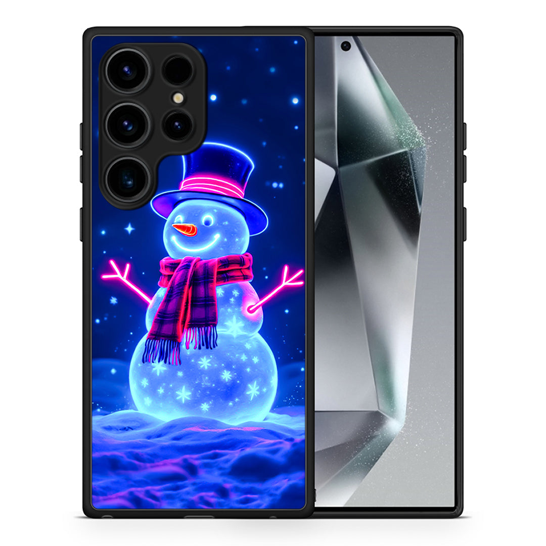 Θήκη Samsung Galaxy S24 Ultra Christmas Neon Snowman από τη Smartfits με σχέδιο στο πίσω μέρος και μαύρο περίβλημα | Samsung Galaxy S24 Ultra Christmas Neon Snowman Case with Colorful Back and Black Bezels