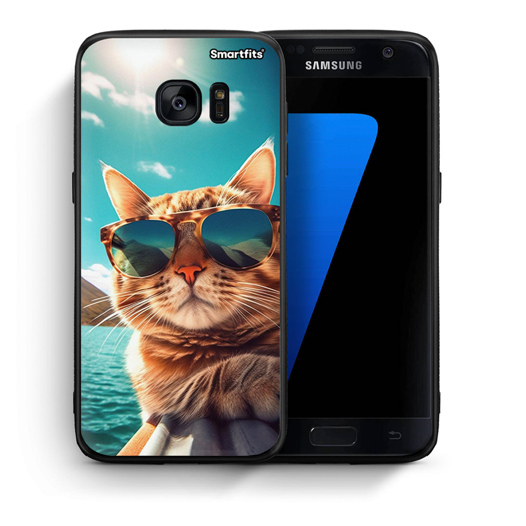 Θήκη Samsung S7 Summer Cat από τη Smartfits με σχέδιο στο πίσω μέρος και μαύρο περίβλημα | Samsung S7 Summer Cat case with colorful back and black bezels