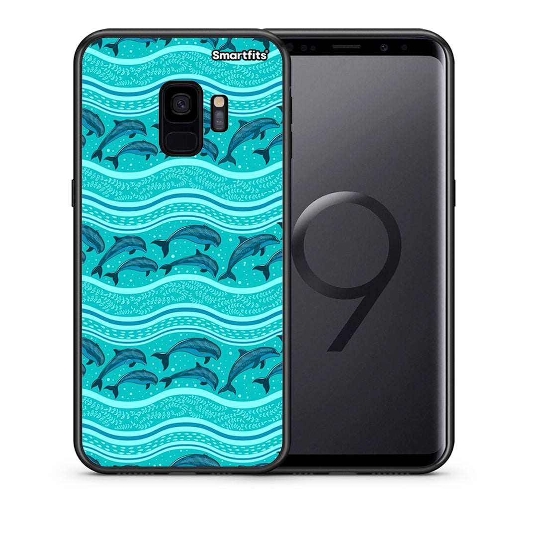 Θήκη Samsung S9 Swimming Dolphins από τη Smartfits με σχέδιο στο πίσω μέρος και μαύρο περίβλημα | Samsung S9 Swimming Dolphins case with colorful back and black bezels