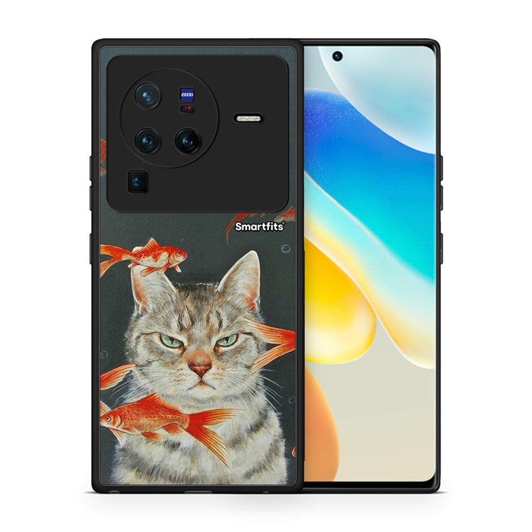 Θήκη Vivo X80 Pro 5G Cat Goldfish από τη Smartfits με σχέδιο στο πίσω μέρος και μαύρο περίβλημα | Vivo X80 Pro 5G Cat Goldfish case with colorful back and black bezels