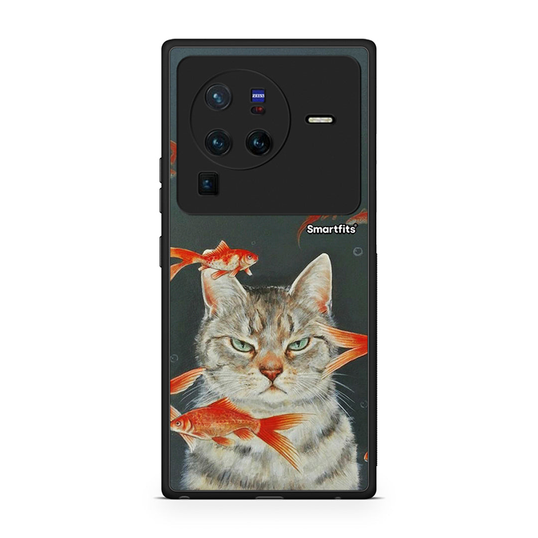 Vivo X80 Pro 5G Cat Goldfish θήκη από τη Smartfits με σχέδιο στο πίσω μέρος και μαύρο περίβλημα | Smartphone case with colorful back and black bezels by Smartfits