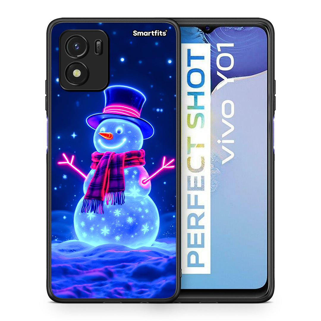 Θήκη Vivo Y01 / Y15s Christmas Neon Snowman από τη Smartfits με σχέδιο στο πίσω μέρος και μαύρο περίβλημα | Vivo Y01 / Y15s Christmas Neon Snowman case with colorful back and black bezels