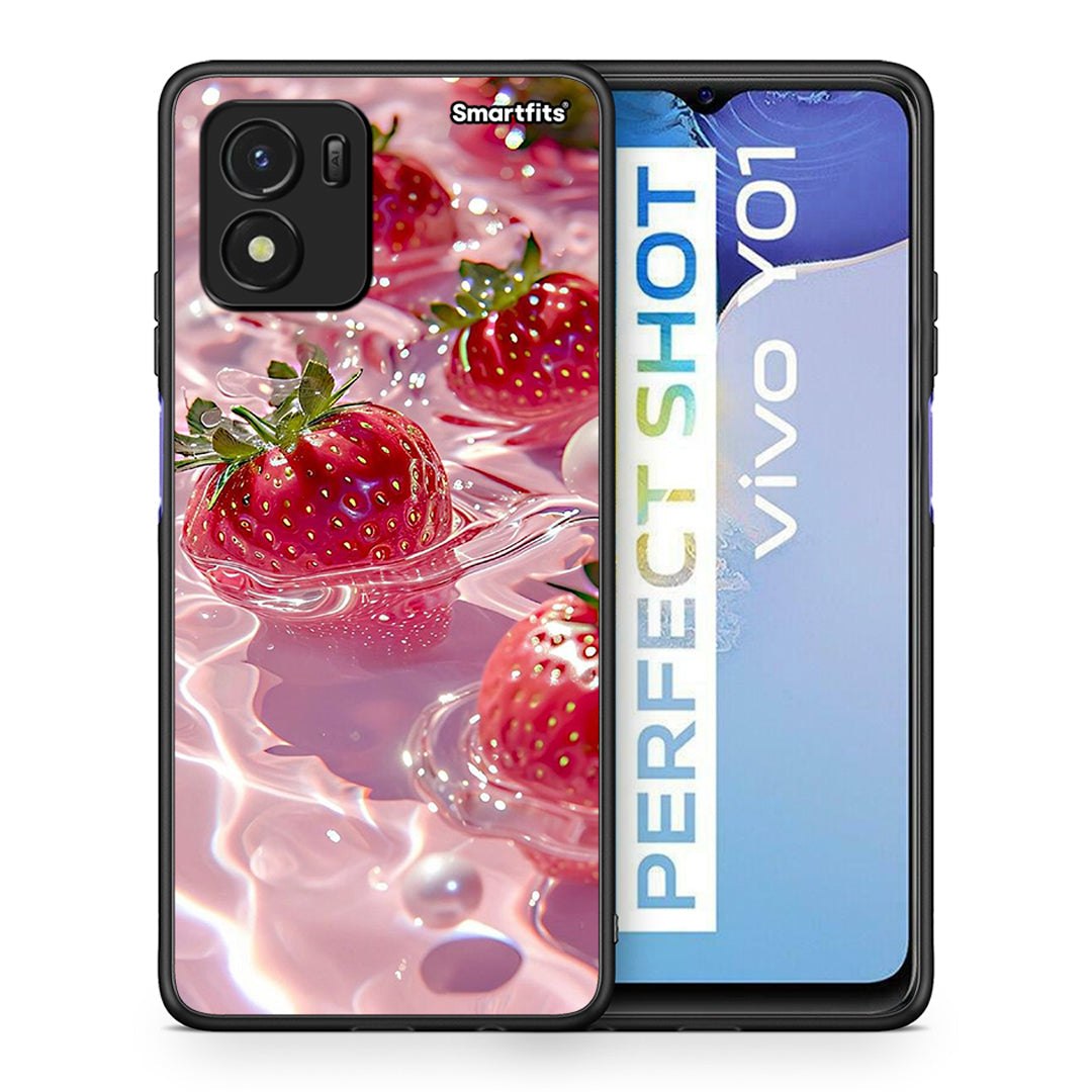 Θήκη Vivo Y01 / Y15s Juicy Strawberries από τη Smartfits με σχέδιο στο πίσω μέρος και μαύρο περίβλημα | Vivo Y01 / Y15s Juicy Strawberries case with colorful back and black bezels