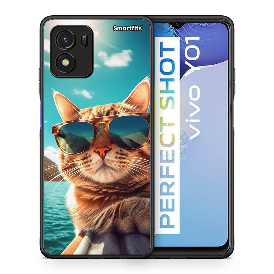 Θήκη Vivo Y01 / Y15s Summer Cat από τη Smartfits με σχέδιο στο πίσω μέρος και μαύρο περίβλημα | Vivo Y01 / Y15s Summer Cat case with colorful back and black bezels