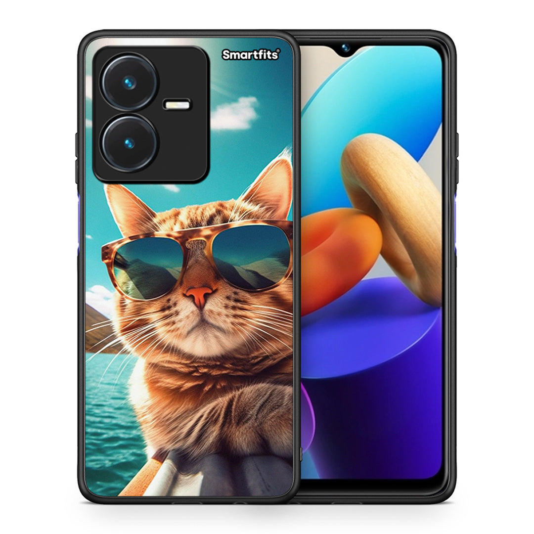 Θήκη Vivo Y22s Summer Cat από τη Smartfits με σχέδιο στο πίσω μέρος και μαύρο περίβλημα | Vivo Y22s Summer Cat case with colorful back and black bezels