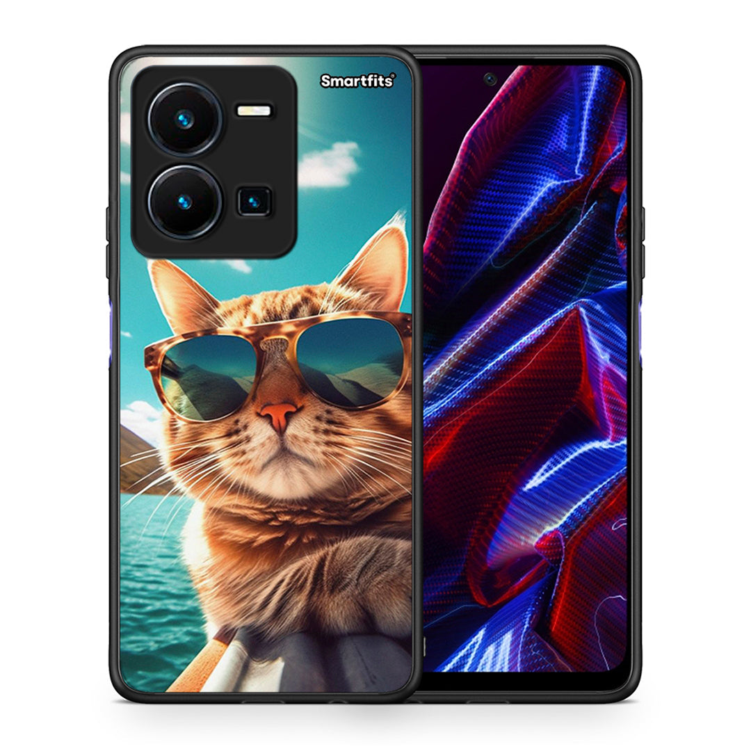 Θήκη Vivo Y35 5G Summer Cat από τη Smartfits με σχέδιο στο πίσω μέρος και μαύρο περίβλημα | Vivo Y35 5G Summer Cat case with colorful back and black bezels