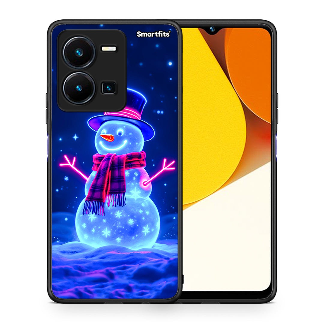 Θήκη Vivo Y35 Christmas Neon Snowman από τη Smartfits με σχέδιο στο πίσω μέρος και μαύρο περίβλημα | Vivo Y35 Christmas Neon Snowman Case with Colorful Back and Black Bezels