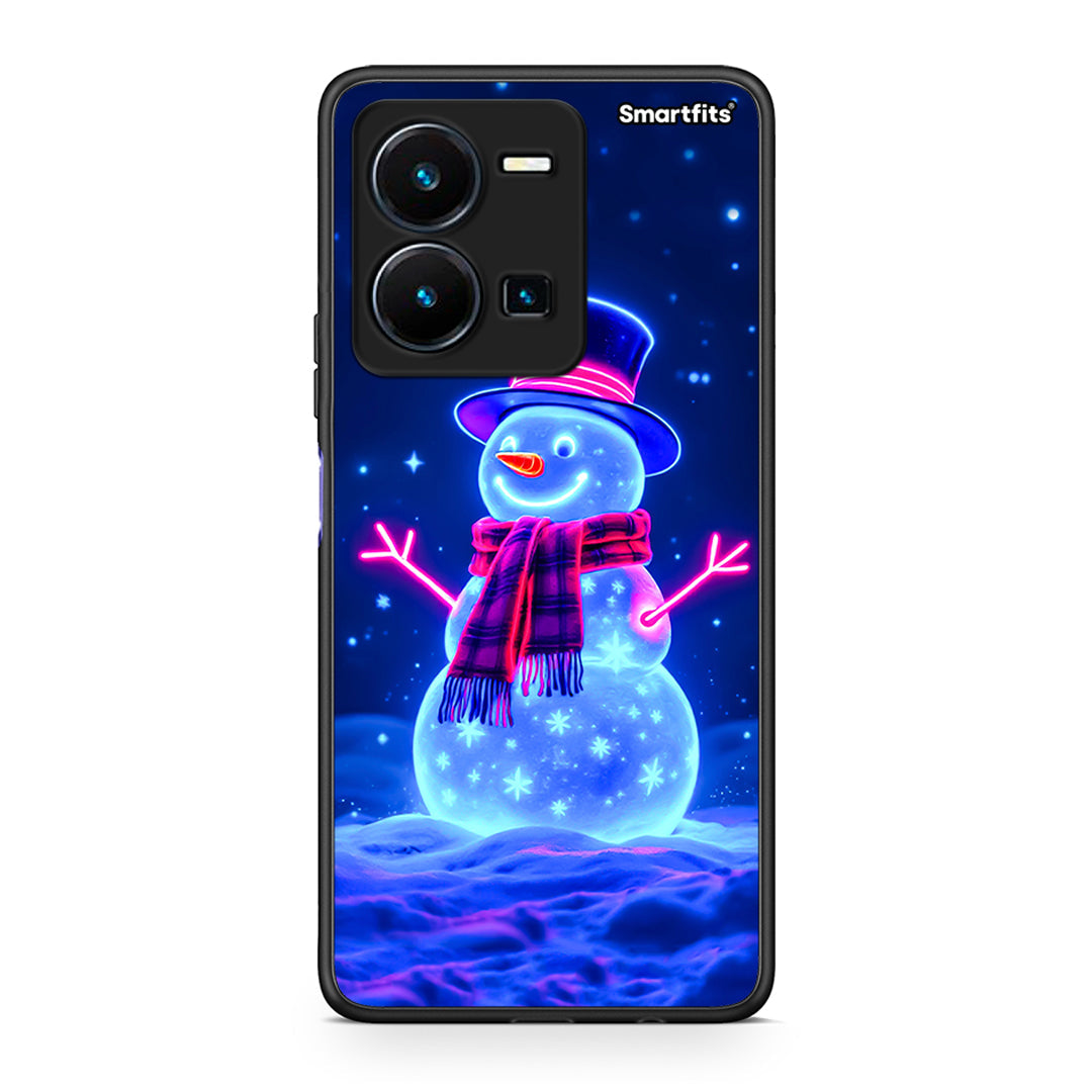 Θήκη Vivo Y35 Christmas Neon Snowman από τη Smartfits με σχέδιο στο πίσω μέρος και μαύρο περίβλημα | Vivo Y35 Christmas Neon Snowman Case with Colorful Back and Black Bezels